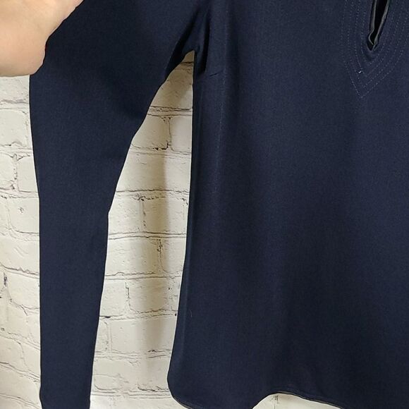 Banana Republic Navy Crepe Cold Shoulder Blouse Career Top Long Sleeve Textured - Picture 7 of 9